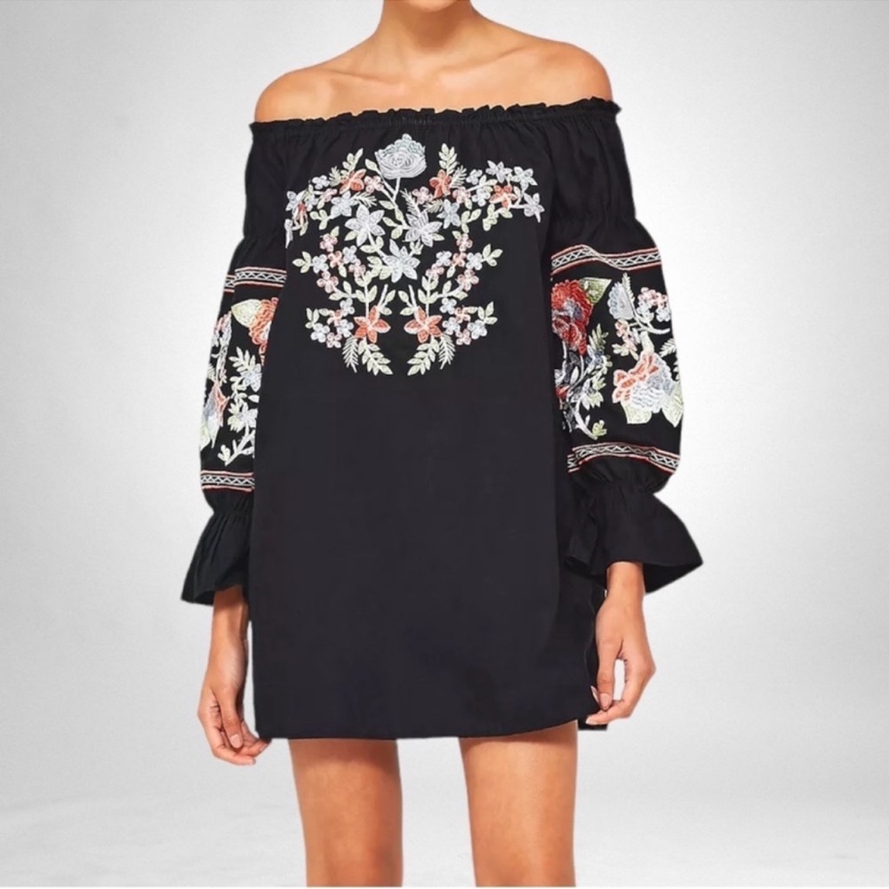 Free People Fleur Du Jour Off-The-Shoulder Black Floral Embroidered Dress SZ M